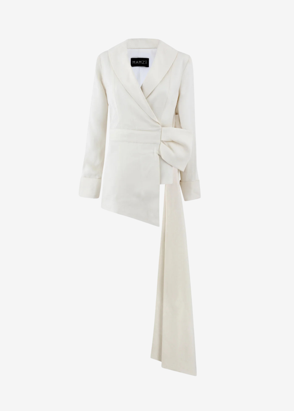 An off-white wrap coat with a long asymmetrical drape and a large bow detail at the waist, shown against a plain light gray background.