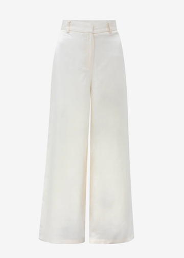 A pair of high-waisted, wide-leg trousers in a warm off-white or cream color, shown against a plain light gray background.