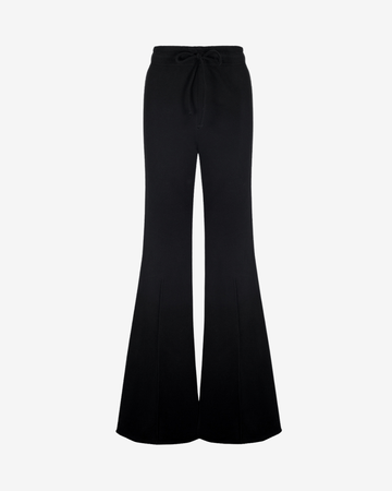 Black wide-leg pants with a drawstring waist, shown on a light gray background.
