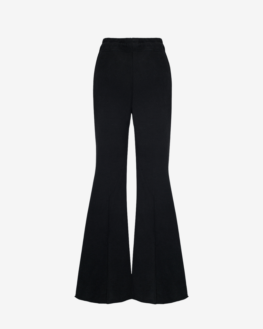 Black wide-leg flared trousers with a high waist, shown against a plain light gray background.