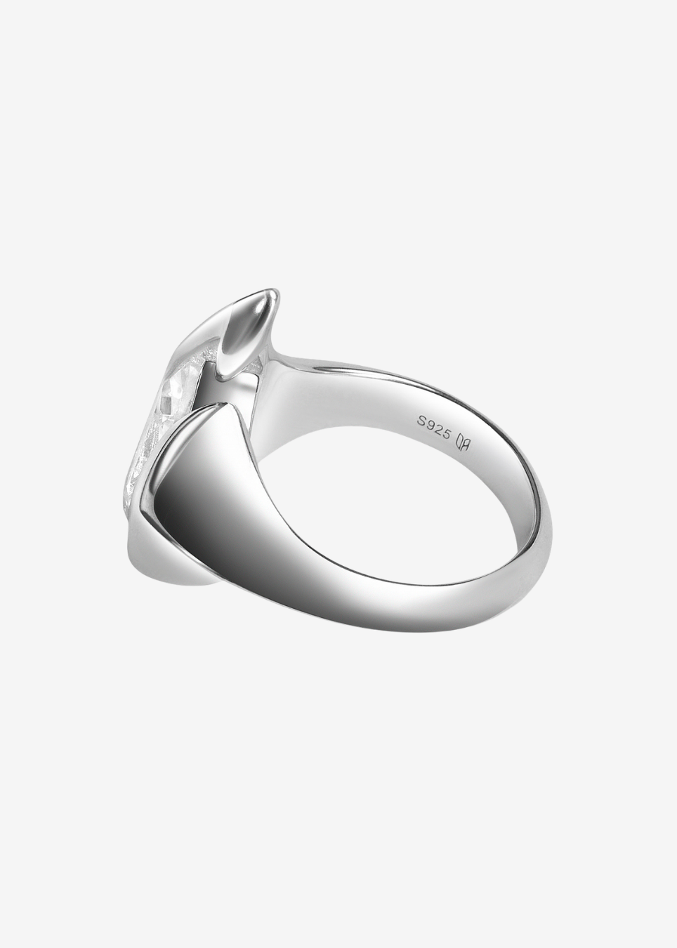 A sterling silver signet ring with a polished, curved blade-like face, shown from a side angle on a light gray background. The inner band is stamped with '925 SIL'.