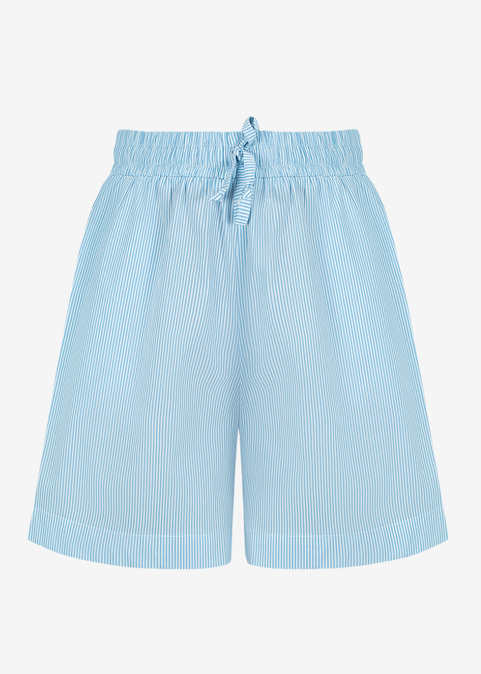 Light blue and white vertically striped drawstring shorts with an elastic waistband, shown against a plain white background.