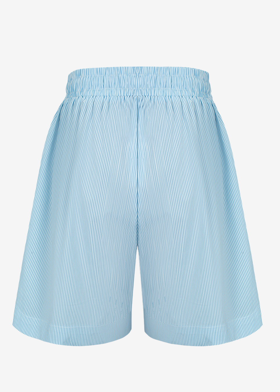 Light blue pinstriped shorts with an elastic waistband, shown against a plain white background.