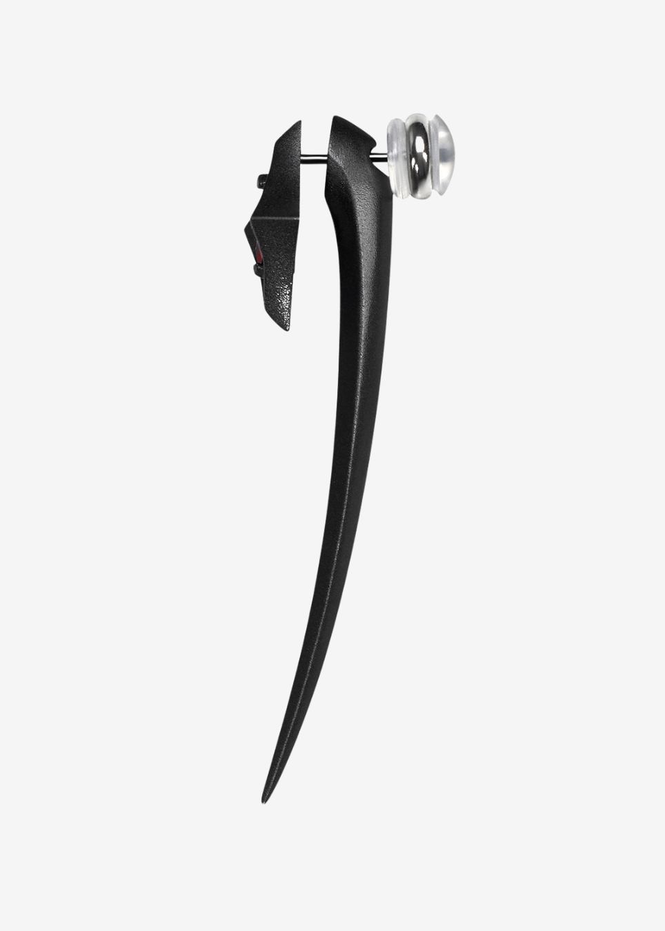A single black metal gothic-style ear cuff with a long curved spike and a silver-toned circular stud, shown against a plain light gray background.