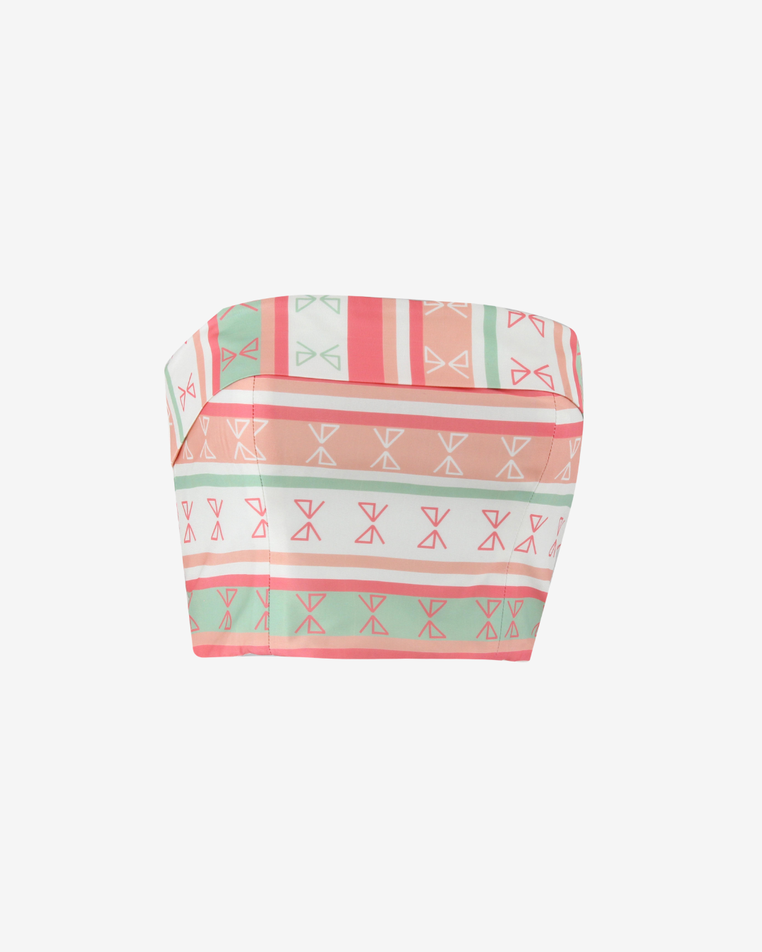 A cropped top with a retro striped pattern in coral pink, mint green, and white, featuring bow and bowtie motifs, shown on a light gray background.