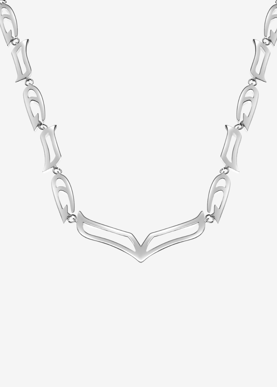A silver geometric link necklace featuring a prominent V-shaped centerpiece and elongated curved links, displayed against a light gray background.