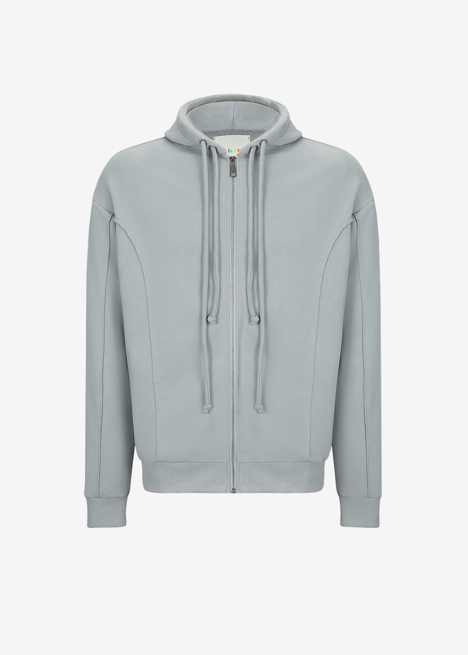 A light gray zip-up hoodie with a drawstring hood, shown against a light gray background.