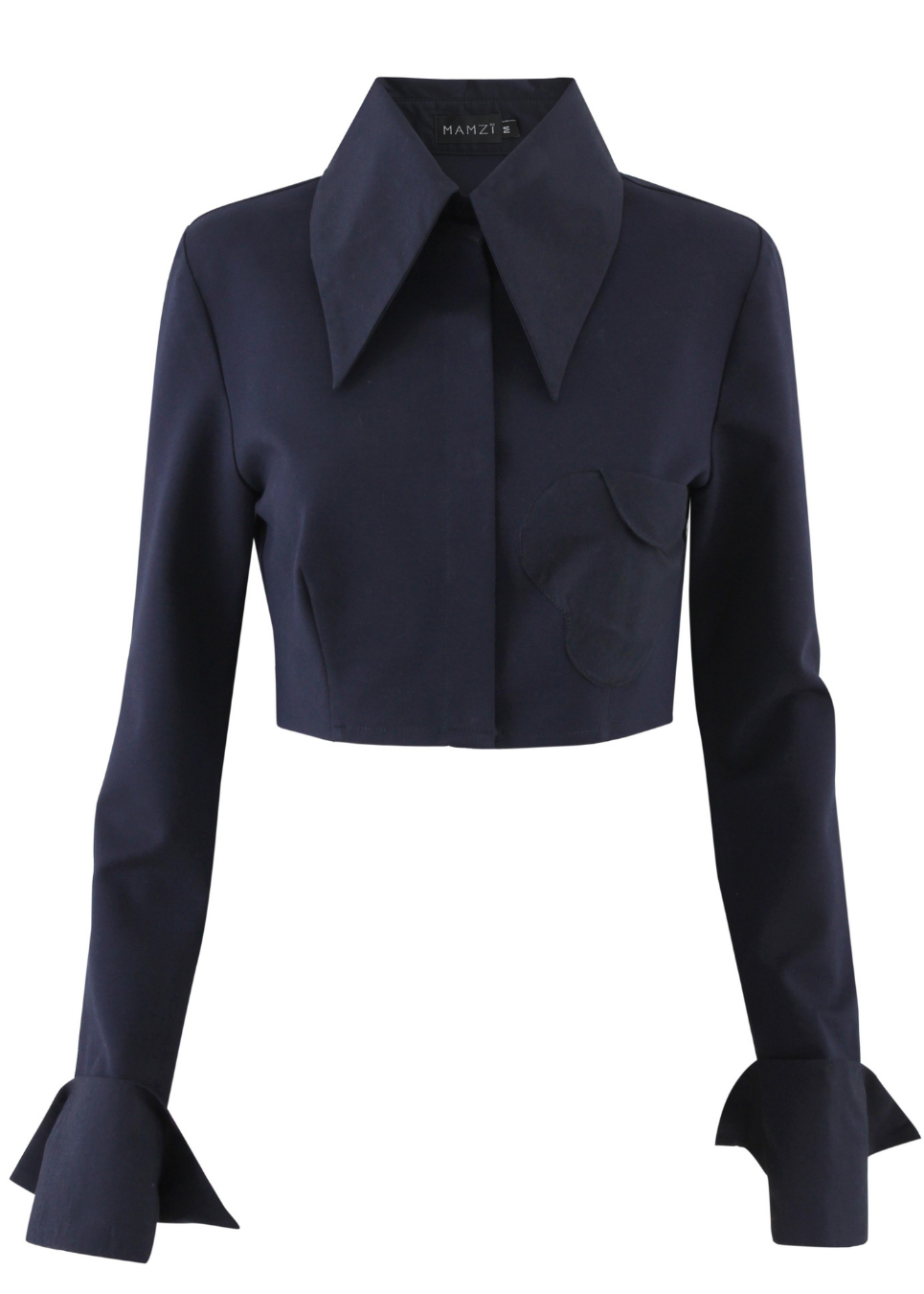 A dark navy blue cropped long-sleeve shirt with a pointed collar, front button closure, and dramatic flared cuffs, shown on a plain white background.