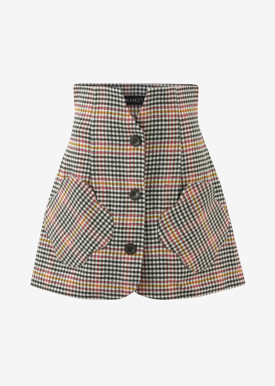 A high-waisted, short A-line blazer skirt with a multicolor houndstooth pattern in black, white, orange, and yellow, featuring a button front and large front patch pockets.
