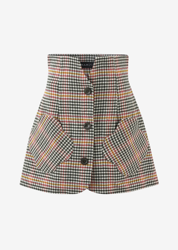 A high-waisted, short A-line blazer skirt with a multicolor houndstooth pattern in black, white, orange, and yellow, featuring a button front and large front patch pockets.