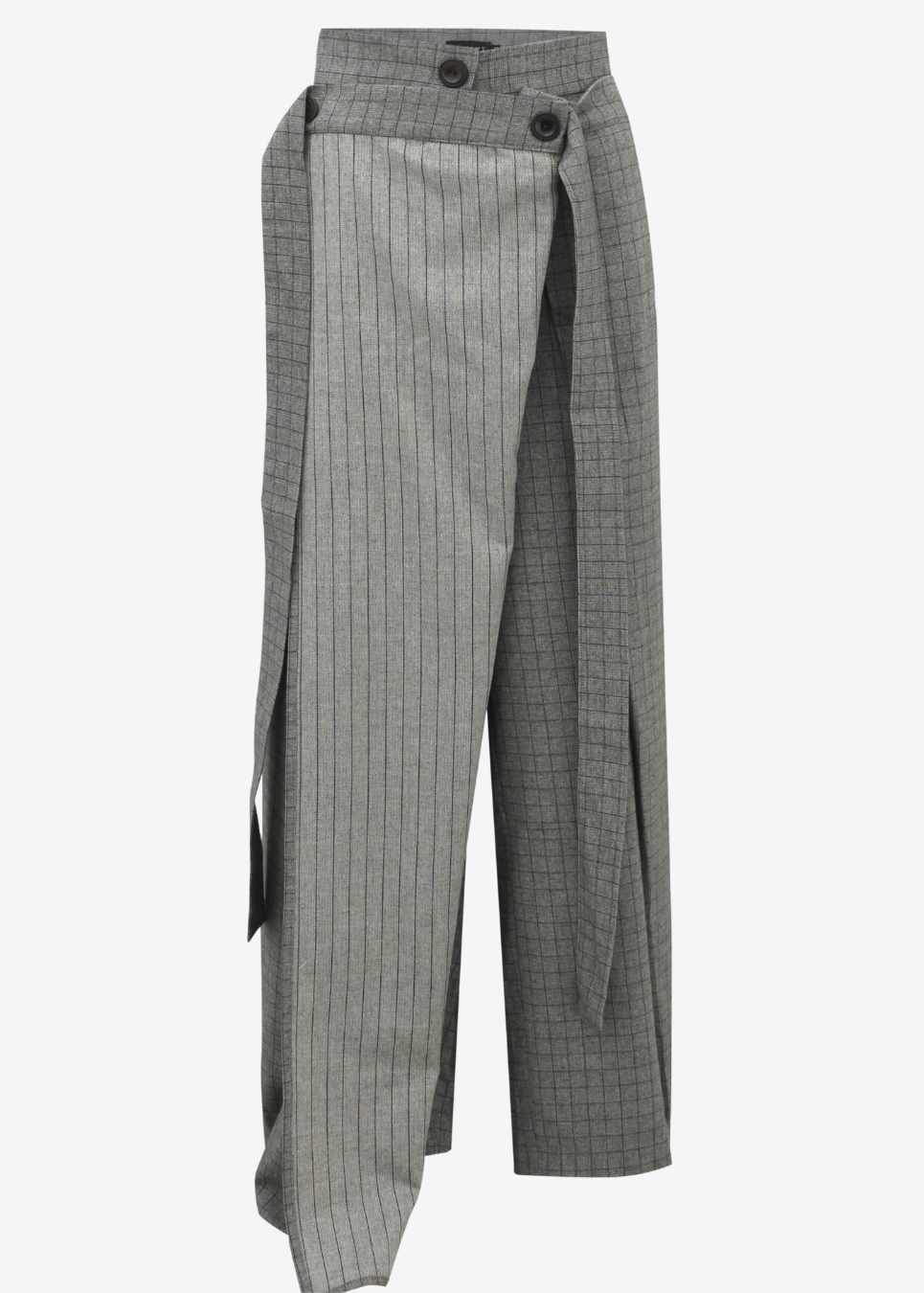 A pair of high-waisted, wide-leg trousers in an olive and grey checkered fabric with vertical pinstripes on the front panel and side slits, shown against a plain white background.