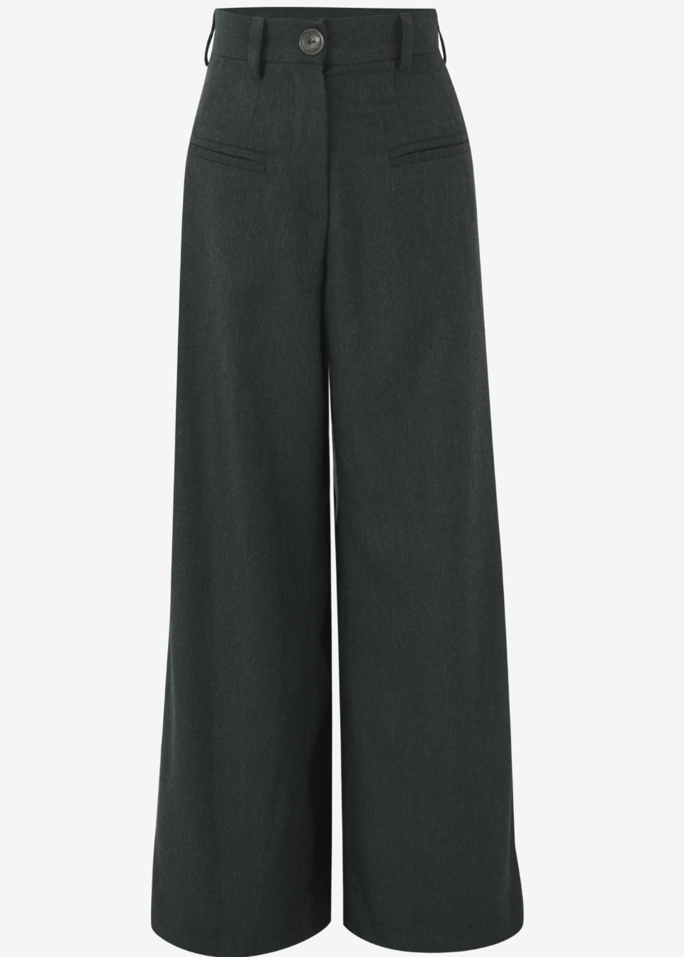 A pair of dark charcoal gray wide-leg trousers with a button closure and belt loops, shown against a plain light gray background.