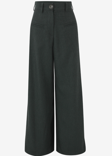 A pair of dark charcoal gray wide-leg trousers with a button closure and belt loops, shown against a plain light gray background.