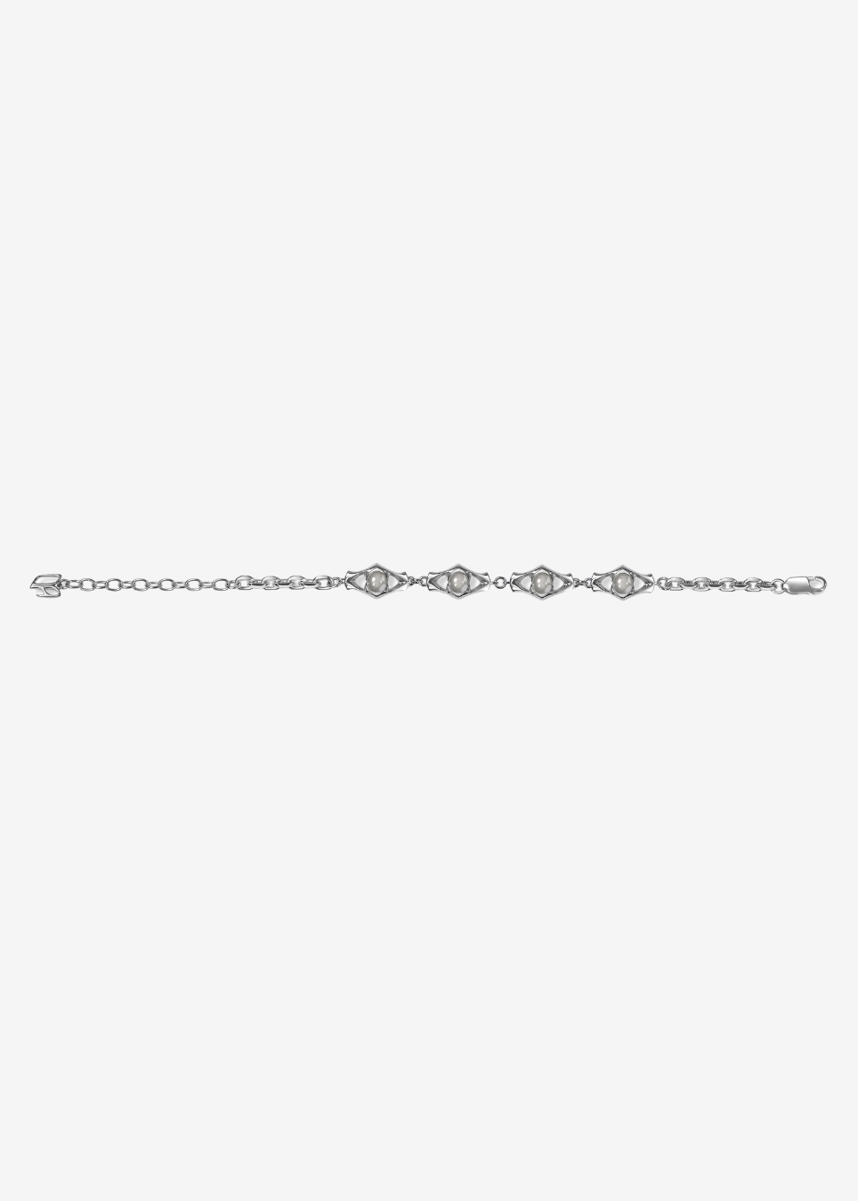 A silver chain bracelet featuring five openwork geometric settings holding round white pearls, photographed on a light gray background.