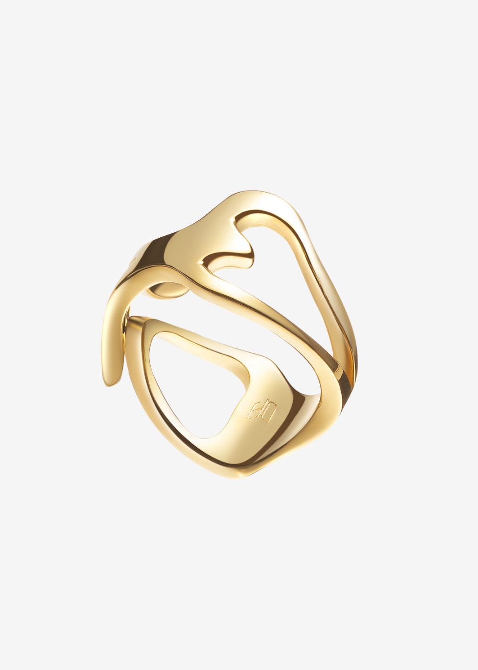 A polished gold abstract ring with a fluid, organic looped design, shown on a clean off-white background.
