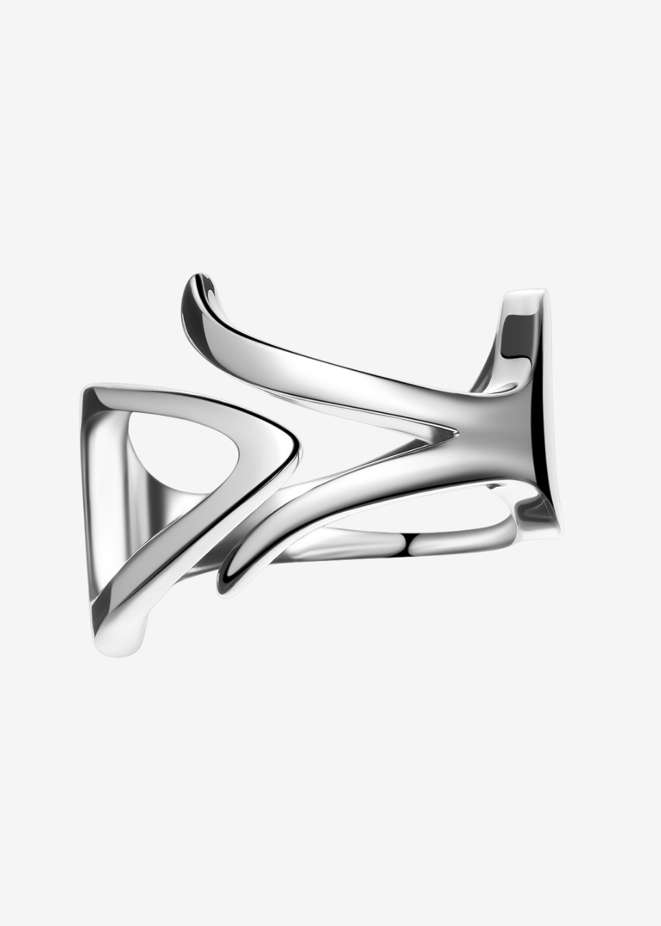 A polished silver-toned metal ring with an abstract, organic wavy design, shown on a clean light gray background.