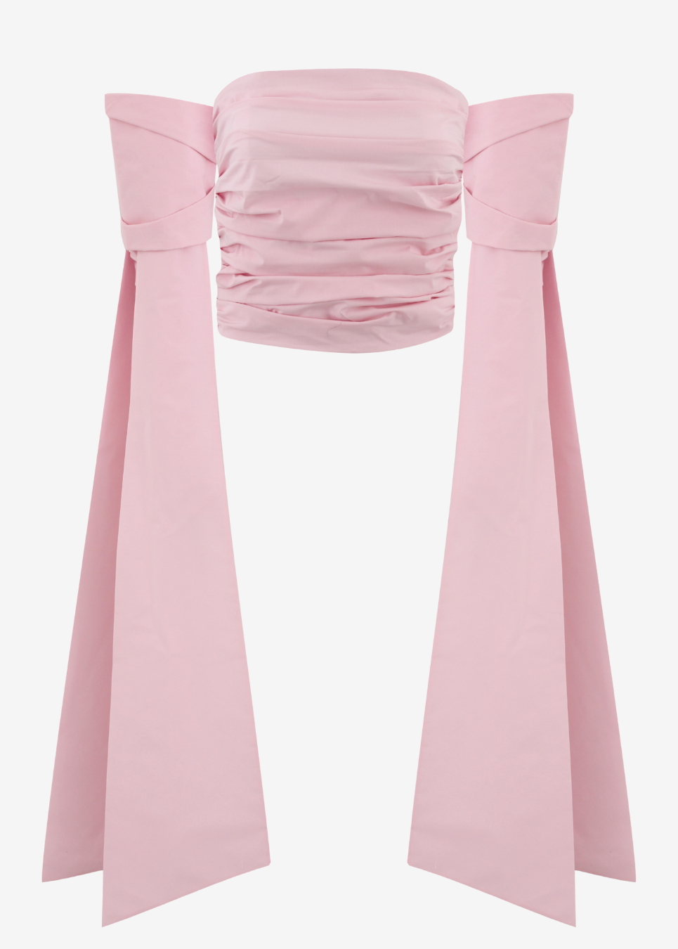 A light pink strapless bandeau top with dramatic side bows, shown against a plain light gray background.