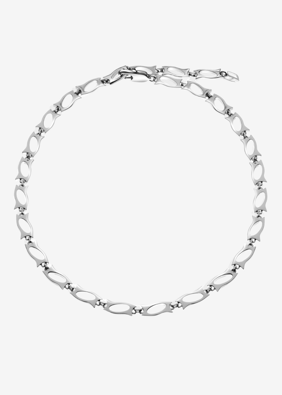 A silver-toned metal link chain necklace with elongated oval links and small star-shaped connectors, displayed on a clean white background.