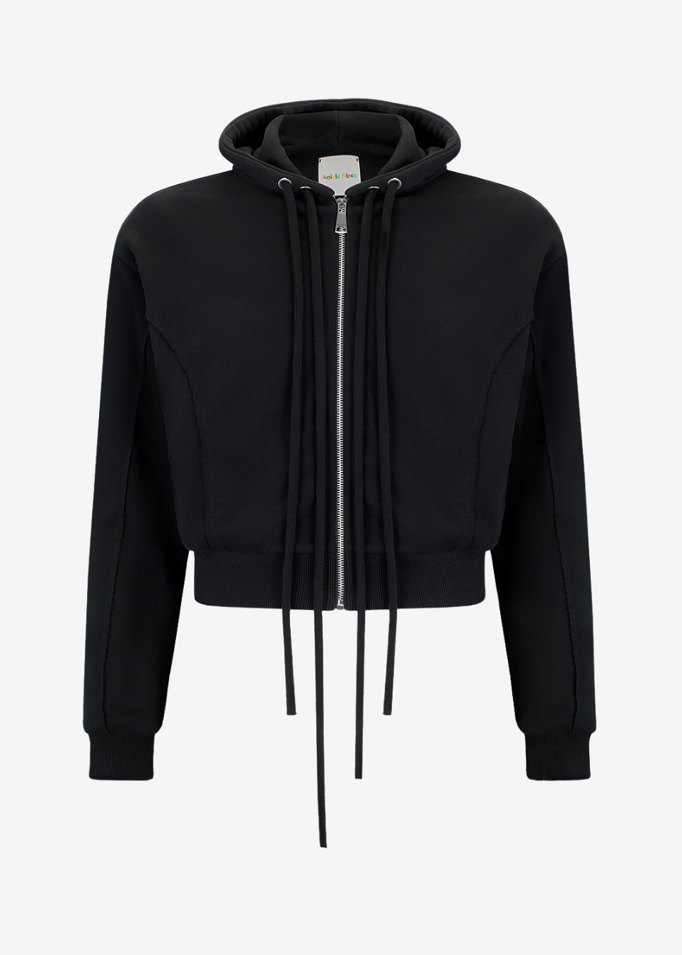 A black cropped zip-up hoodie with a drawstring hood and long sleeves, shown against a plain light gray background.