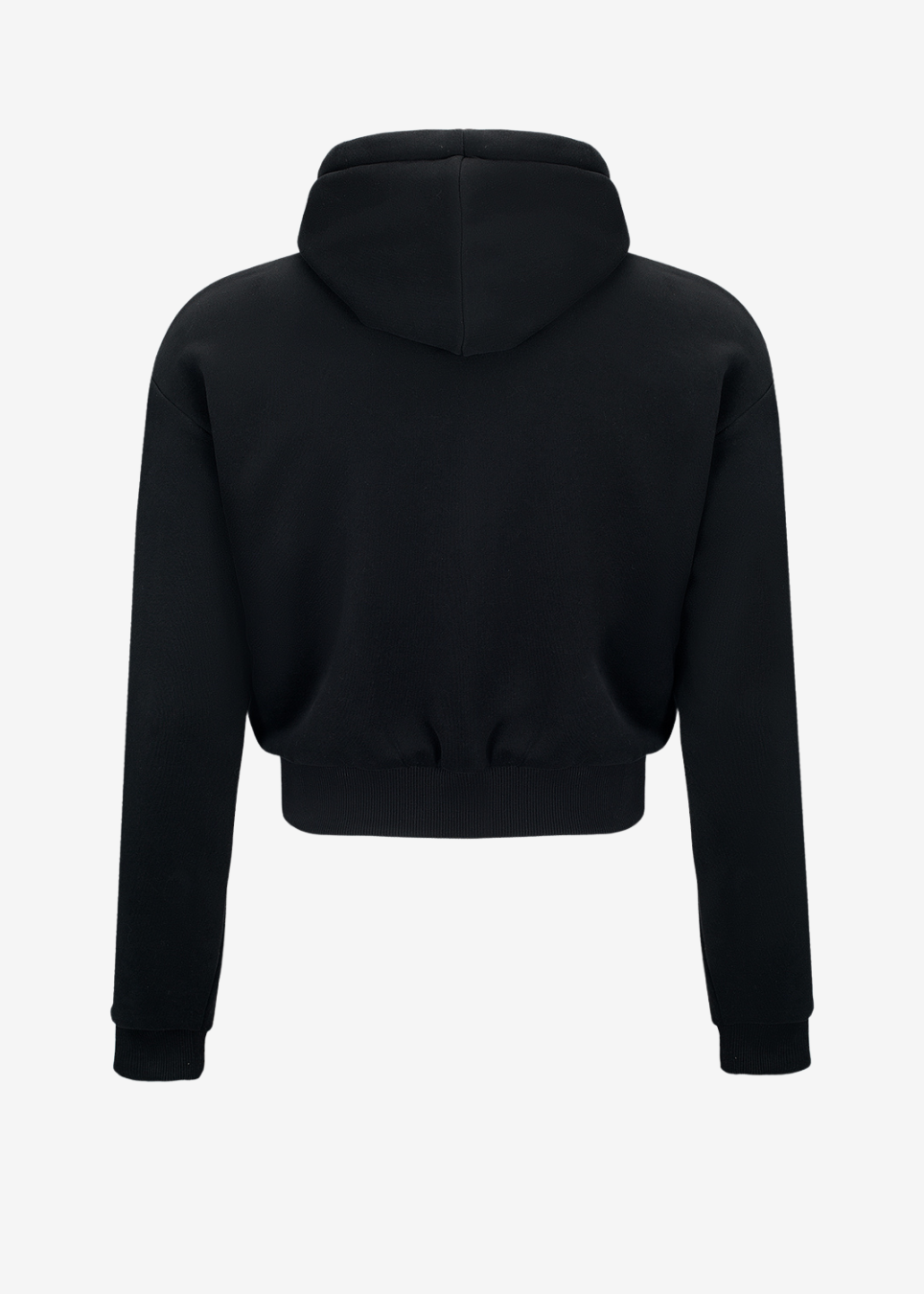 A black cropped hoodie shown from the back, featuring a drawstring hood, long sleeves, and a ribbed hem and cuffs, displayed on a clean white background.