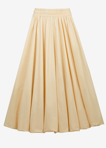 A light yellow pleated midi skirt with an elastic waistband, shown against a plain white background.