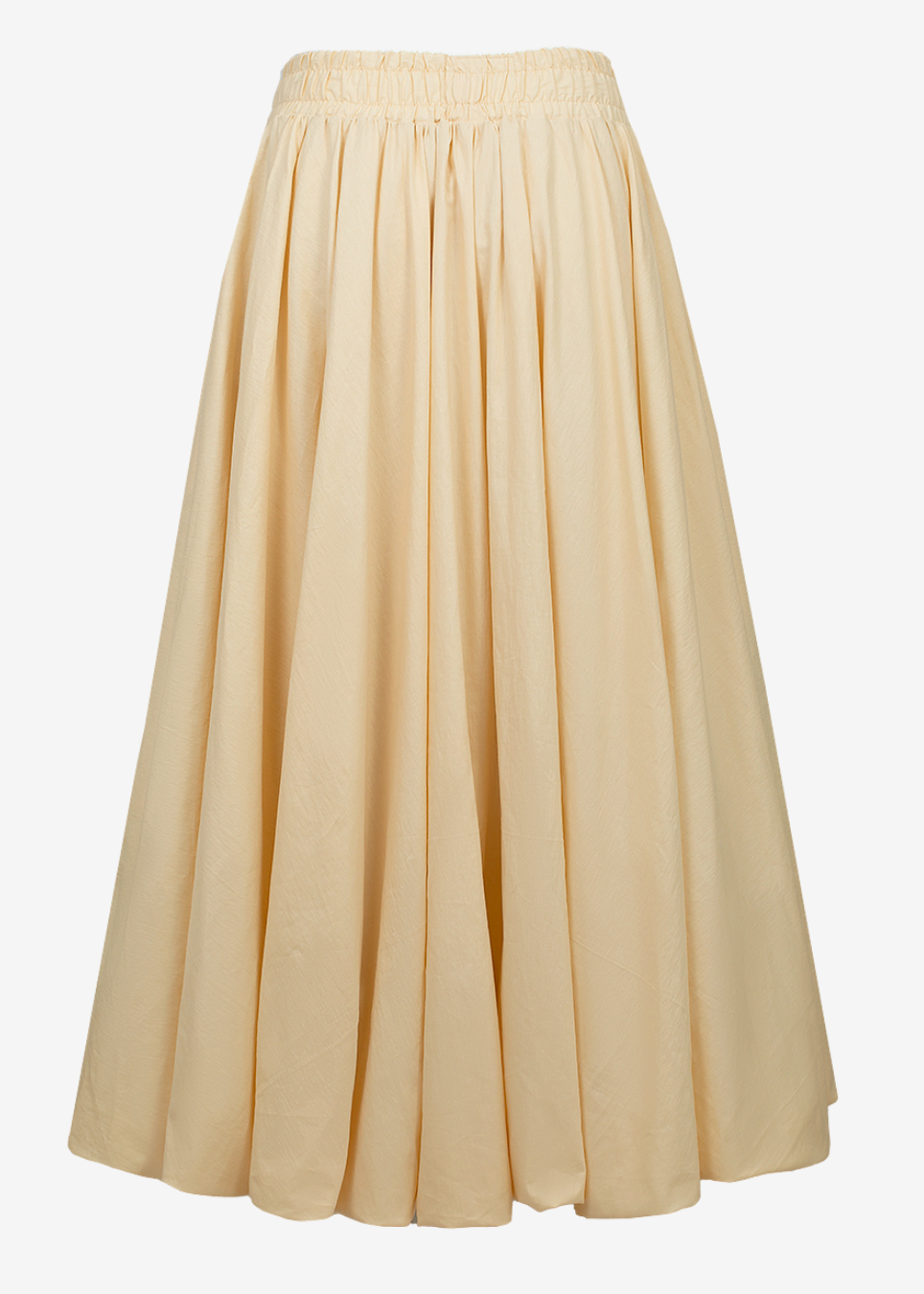 A sand pleated midi skirt with an elastic waistband, shown against a plain white background.