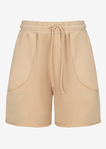 Beige drawstring shorts with a relaxed fit, featuring large front patch pockets and a matching drawstring waist.