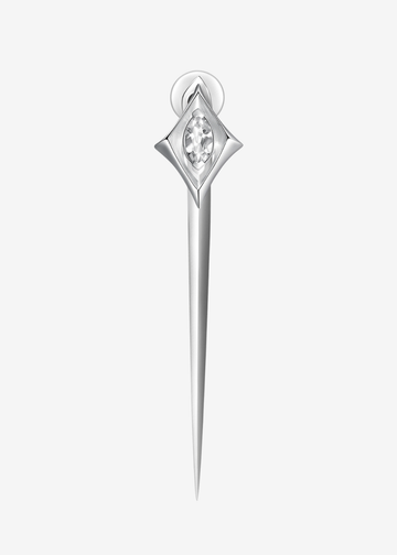 A silver-toned geometric earring with a marquise-cut clear gemstone, shown against a plain light gray background.