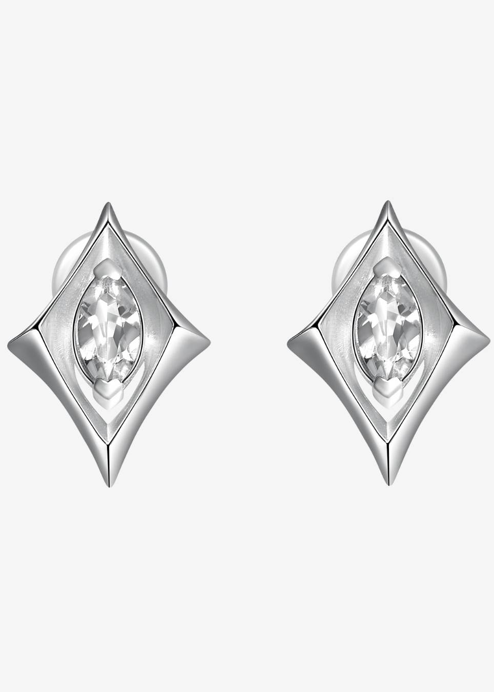 A pair of silver geometric stud earrings with a diamond-shaped setting and a marquise-cut clear crystal in the center, shown against a plain light gray background.