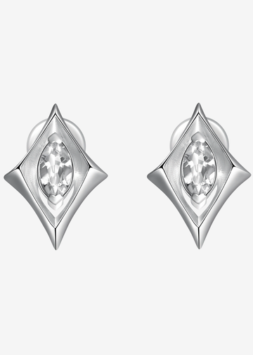 A pair of silver geometric stud earrings with a diamond-shaped setting and a marquise-cut clear crystal in the center, shown against a plain light gray background.