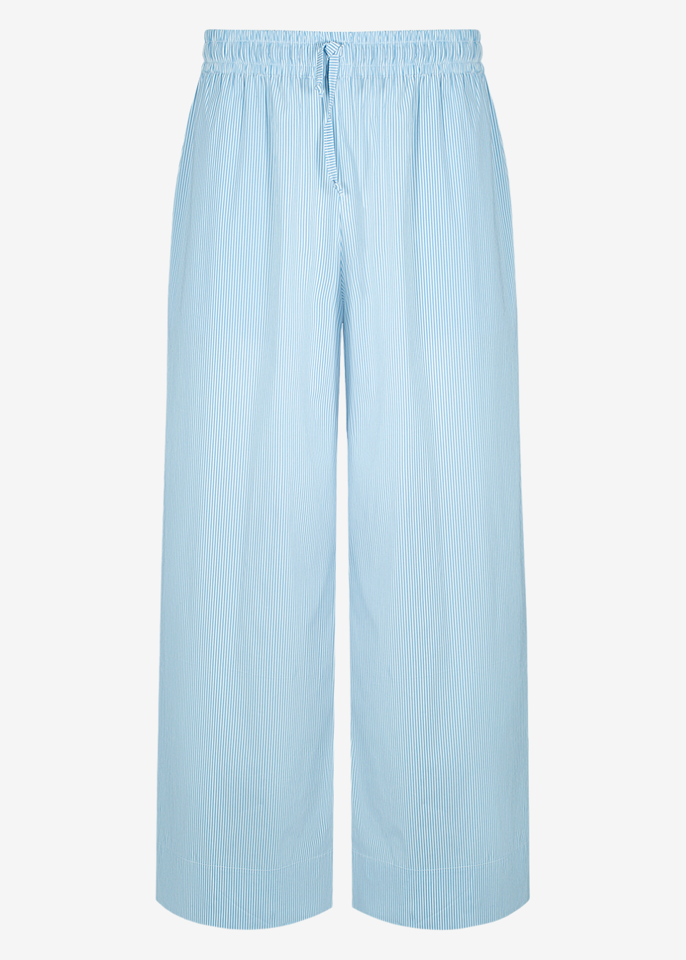 Light blue wide-leg cropped pants with an elastic waistband and drawstring, shown against a plain white background.