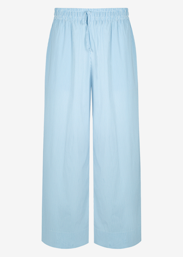 Light blue wide-leg cropped pants with an elastic waistband and drawstring, shown against a plain white background.