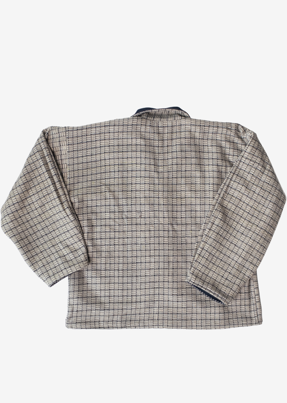 A long-sleeve button-up shirt with a beige and gray windowpane plaid pattern, shown from the back on a light gray background.