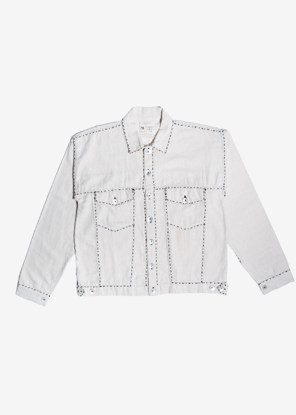 A light gray denim jacket with decorative contrast stitching and button details, displayed flat against a light gray background.