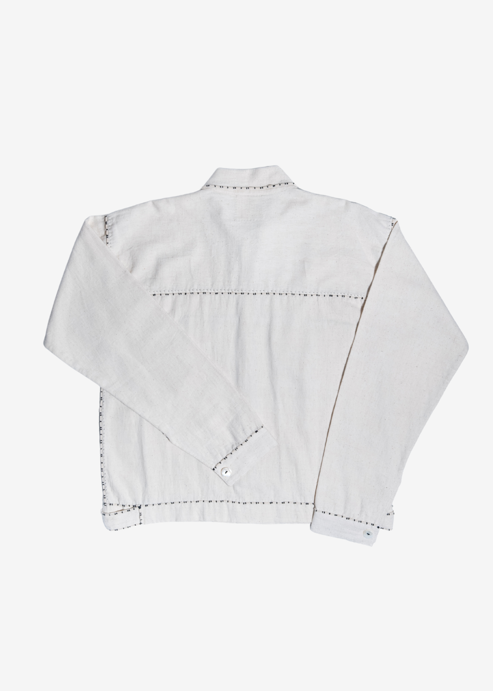 A white long-sleeve shirt jacket with decorative contrast stitching, shown from the back on a solid white background.