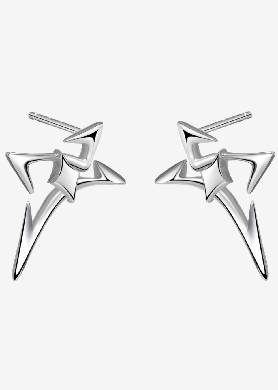 A pair of silver lightning bolt stud earrings with a polished metallic finish, displayed on a clean, light gray background.