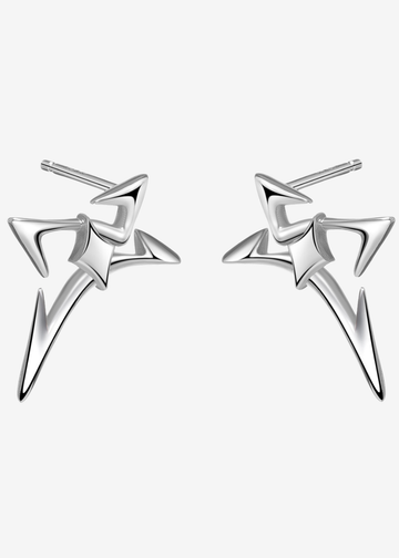 A pair of silver lightning bolt stud earrings with a polished metallic finish, displayed on a clean, light gray background.