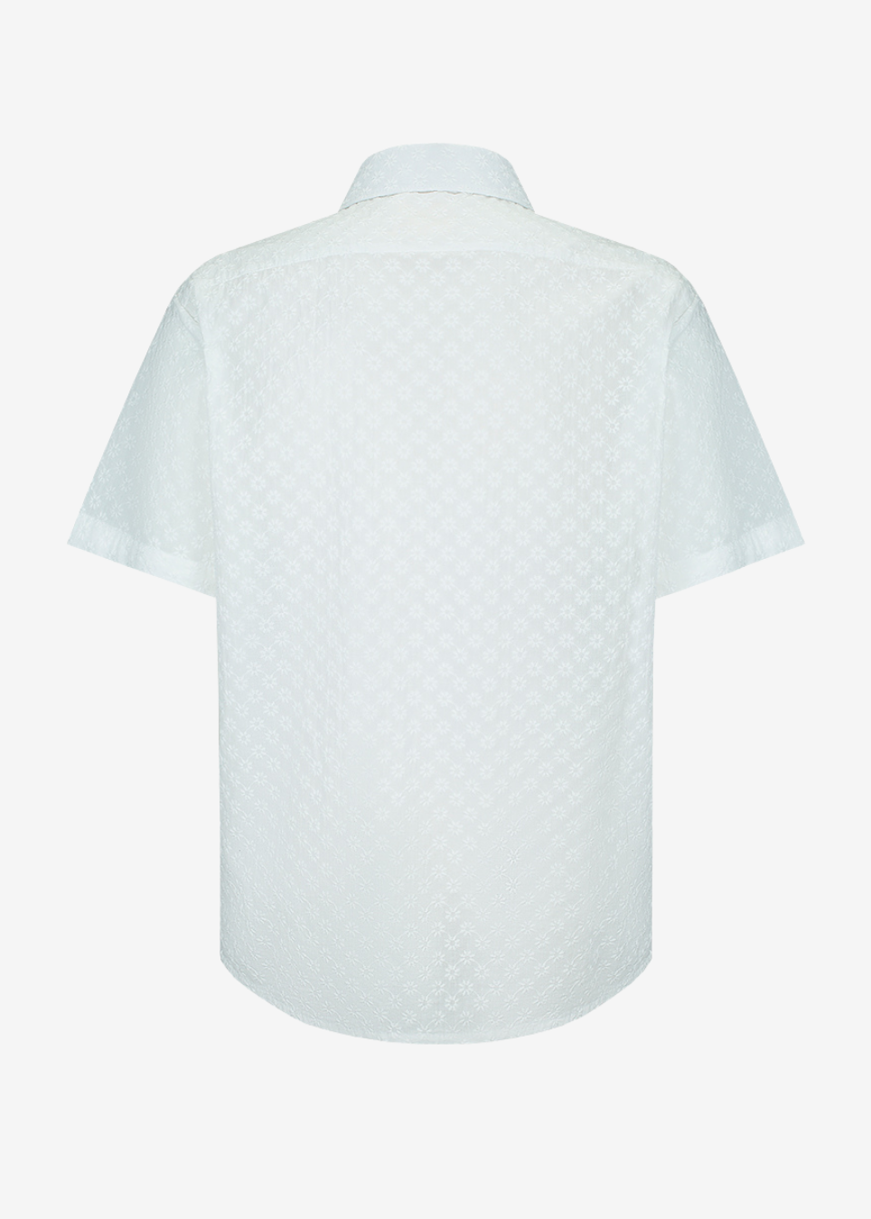 A white short-sleeve button-down shirt with a subtle textured geometric pattern, shown from the back on a light gray background.