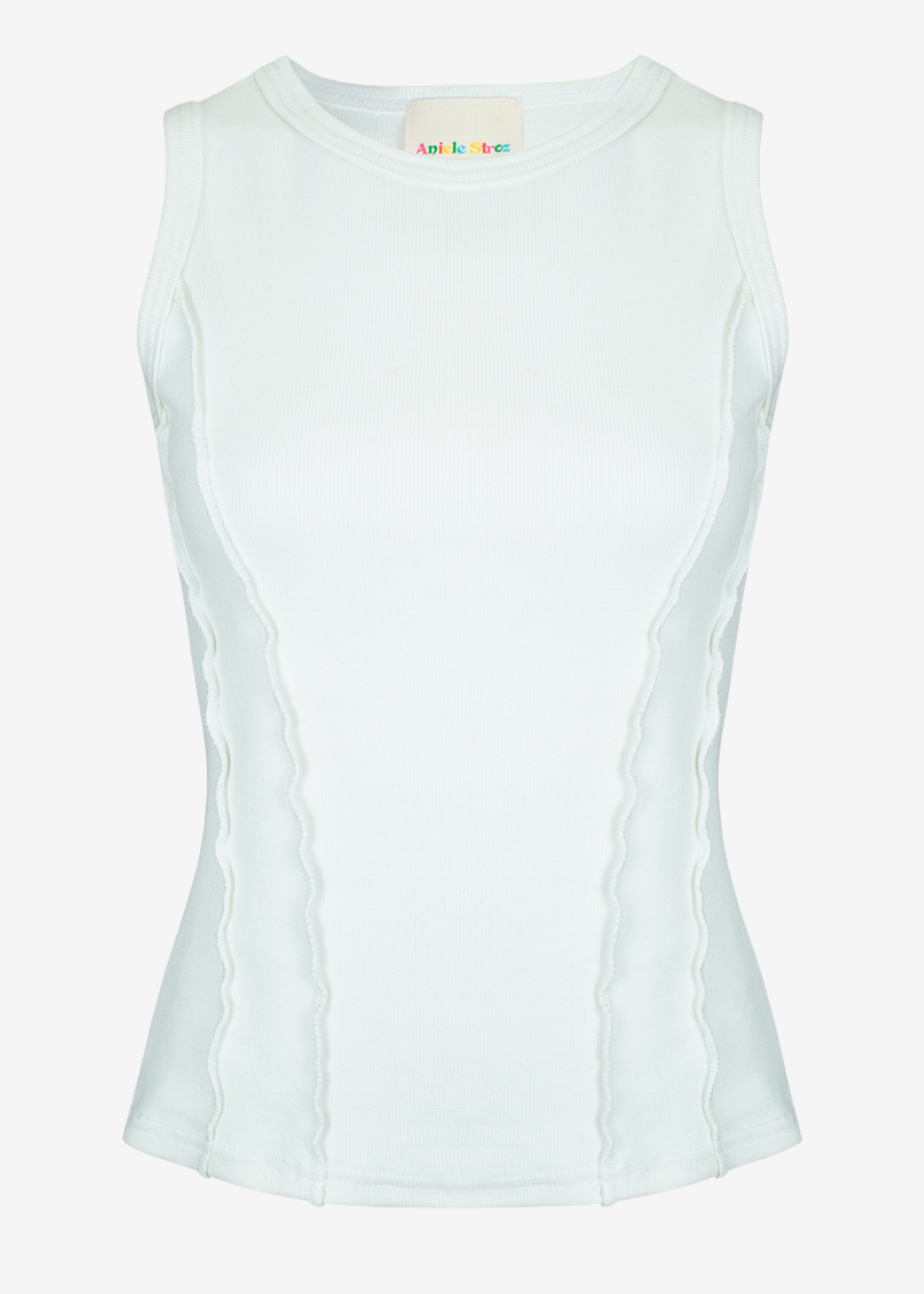 A sleeveless light mint green top with vertical wavy seam detailing on the sides, shown against a plain white background.