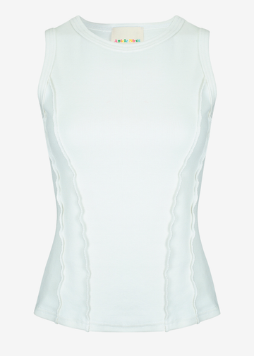 A sleeveless light mint green top with vertical wavy seam detailing on the sides, shown against a plain white background.