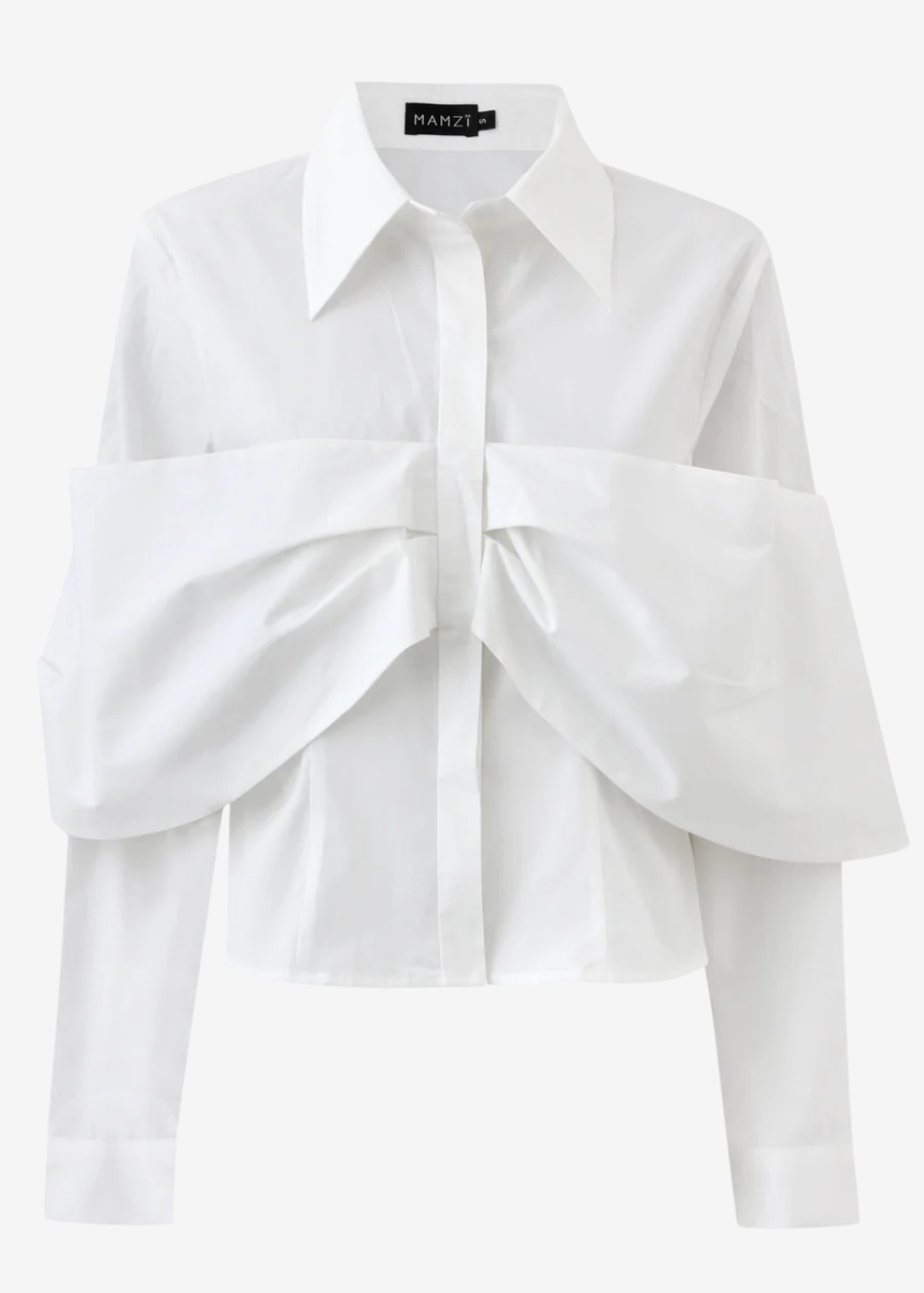 A white long-sleeve button-up shirt by MAMZI, featuring dramatic oversized draped fabric sleeves and a structured collar, shown against a plain light gray background.