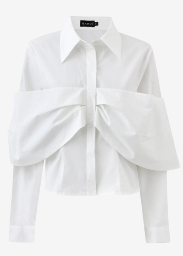 A white long-sleeve button-up shirt by MAMZI, featuring dramatic oversized draped fabric sleeves and a structured collar, shown against a plain light gray background.