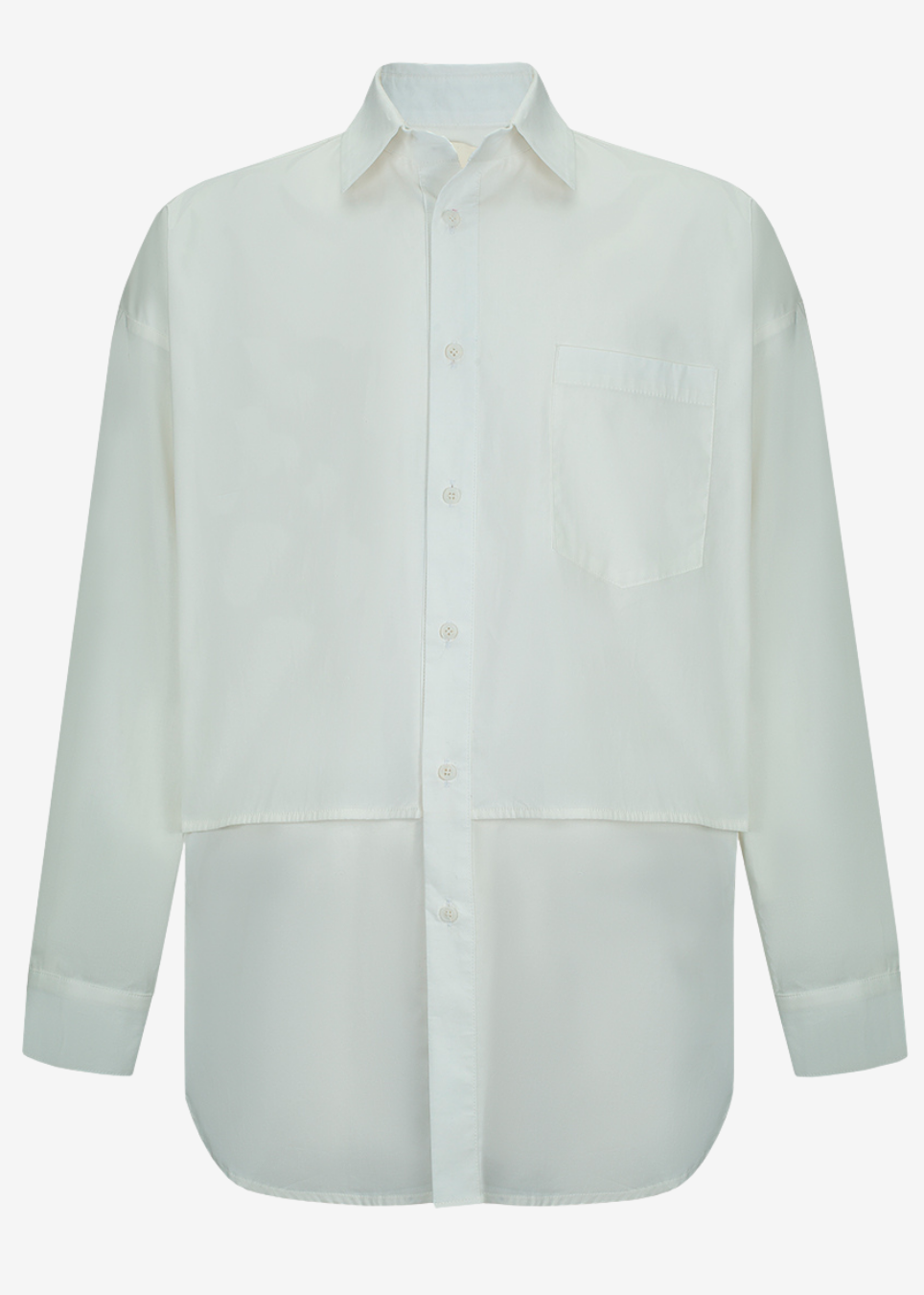 A long-sleeve button-up shirt in a very pale off-white or cream color, featuring a classic collar, a chest pocket, and a unique two-tone layered hem design, shown against a plain light gray background.