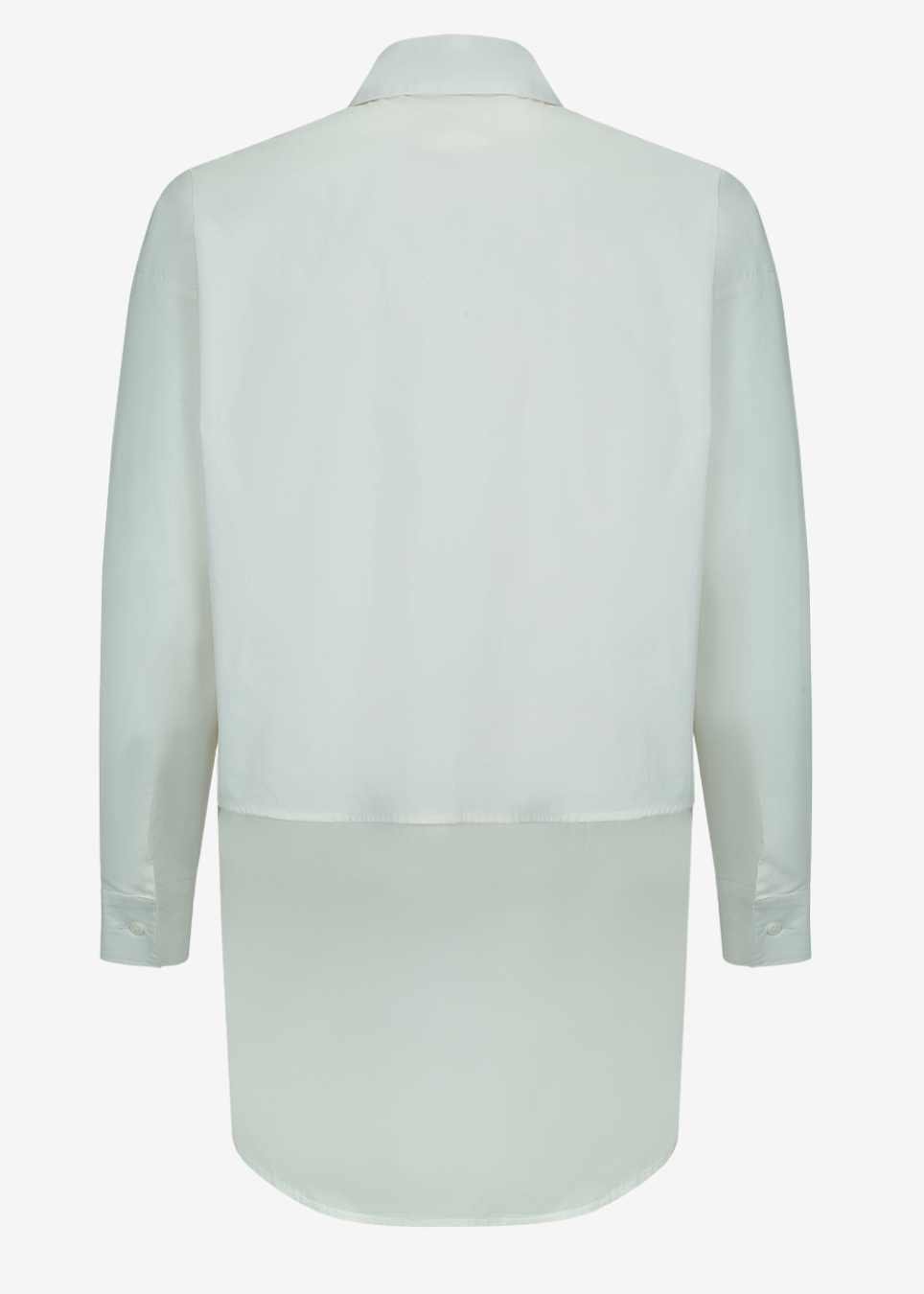 A white long-sleeve collared shirt shown from the back displayed on a clean white background.