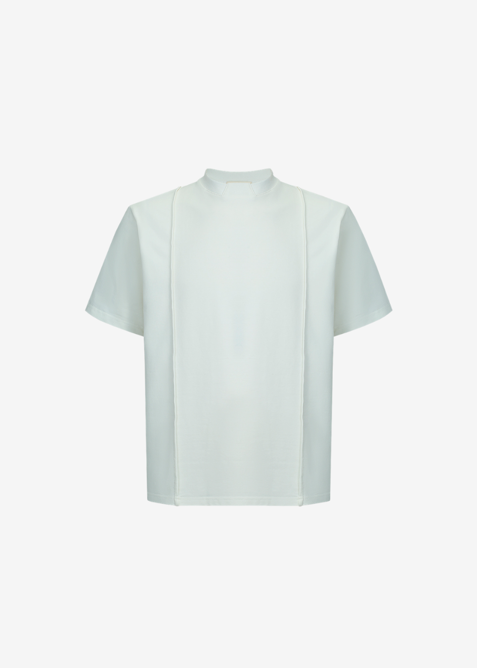 A white short-sleeve top with a mock neck and vertical seam details, shown against a plain white background.