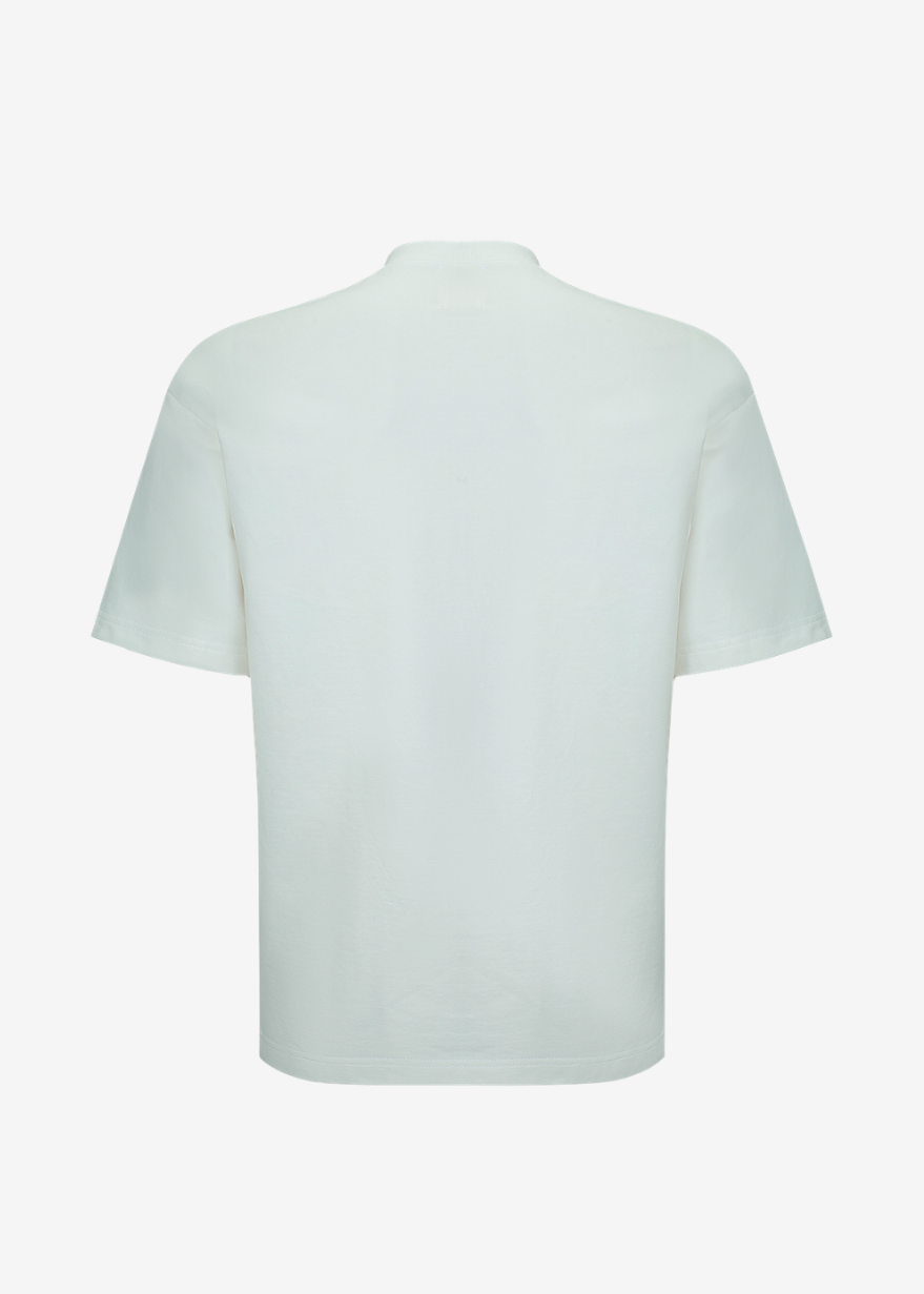A white short-sleeve t-shirt shown from the back, displayed on a clean, solid off-white background.
