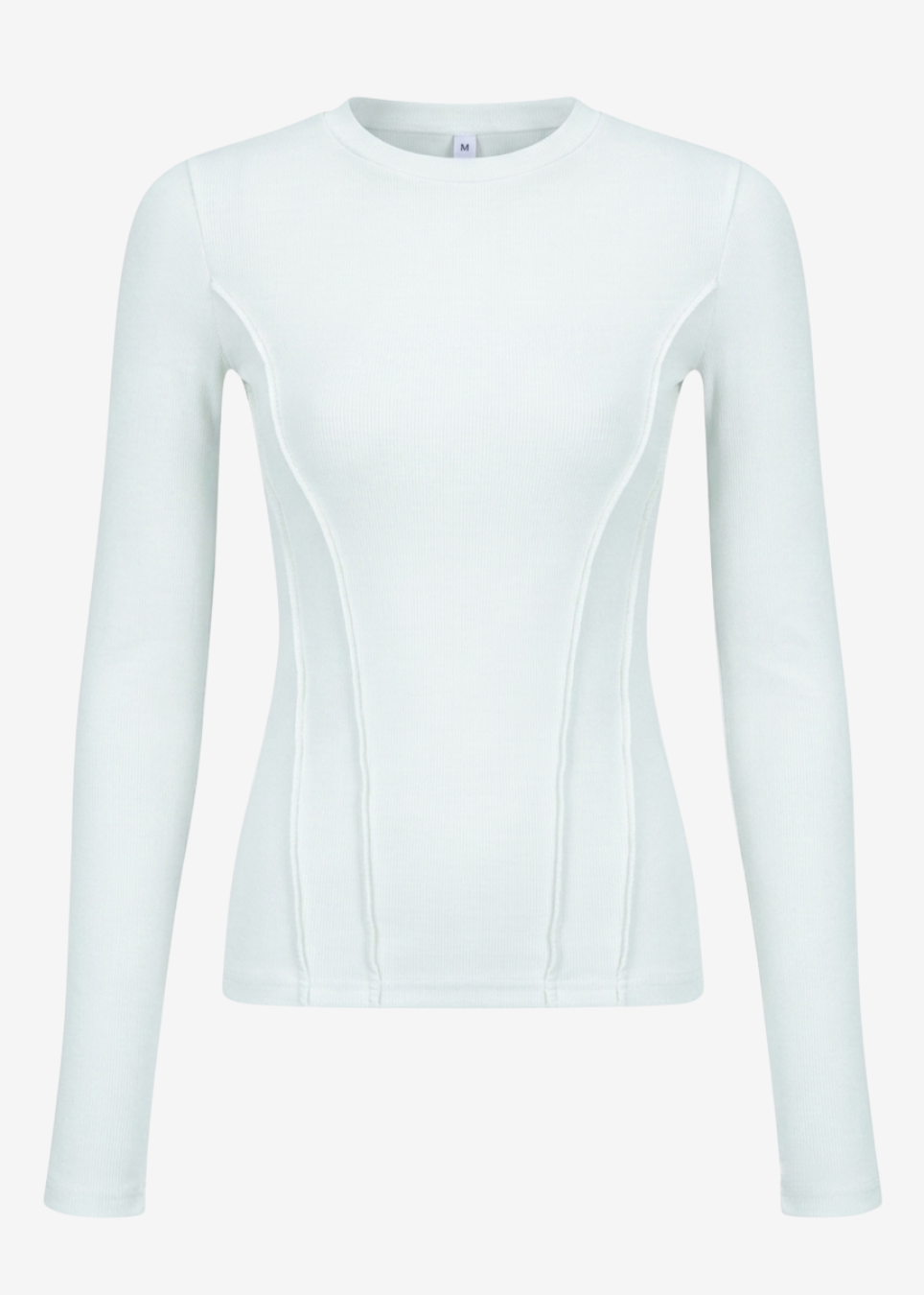 A white long-sleeve crewneck top with subtle vertical seam detailing on the front, shown against a plain white background.